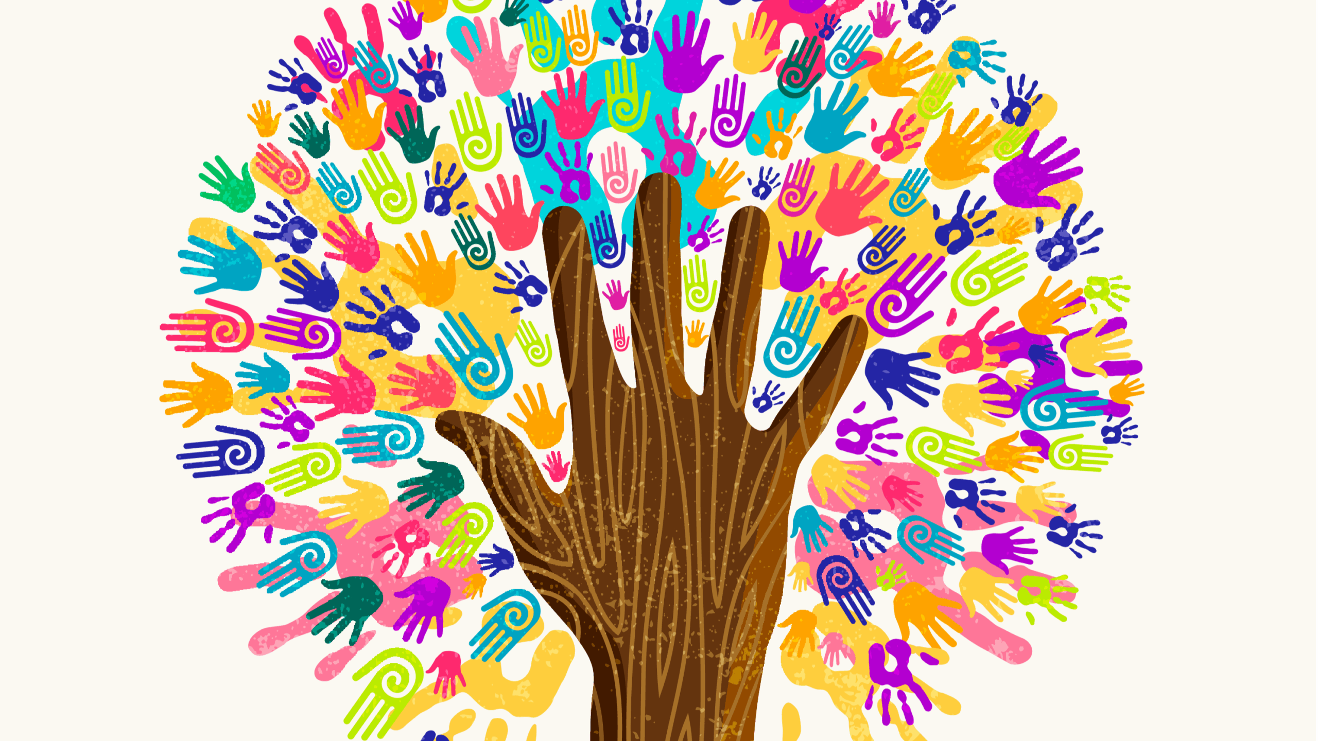 En hand som ser ut som ett träd, med många färgglada händer som löv