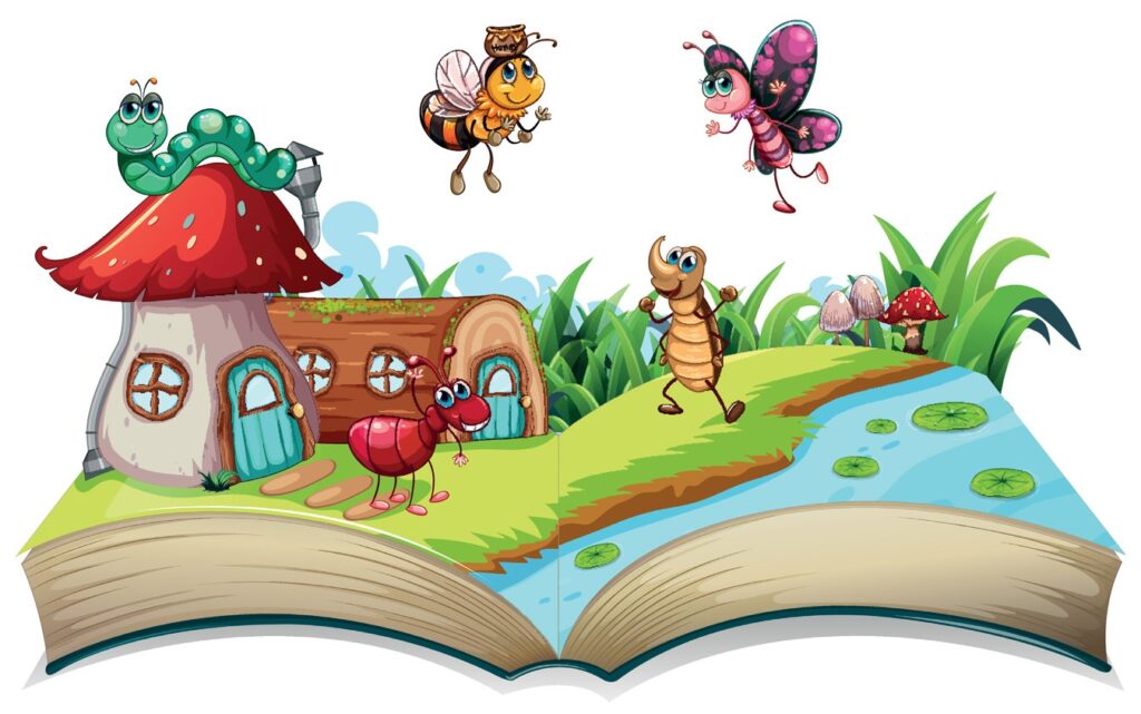 Upslagen bok med färgglada insekter och fjärilar