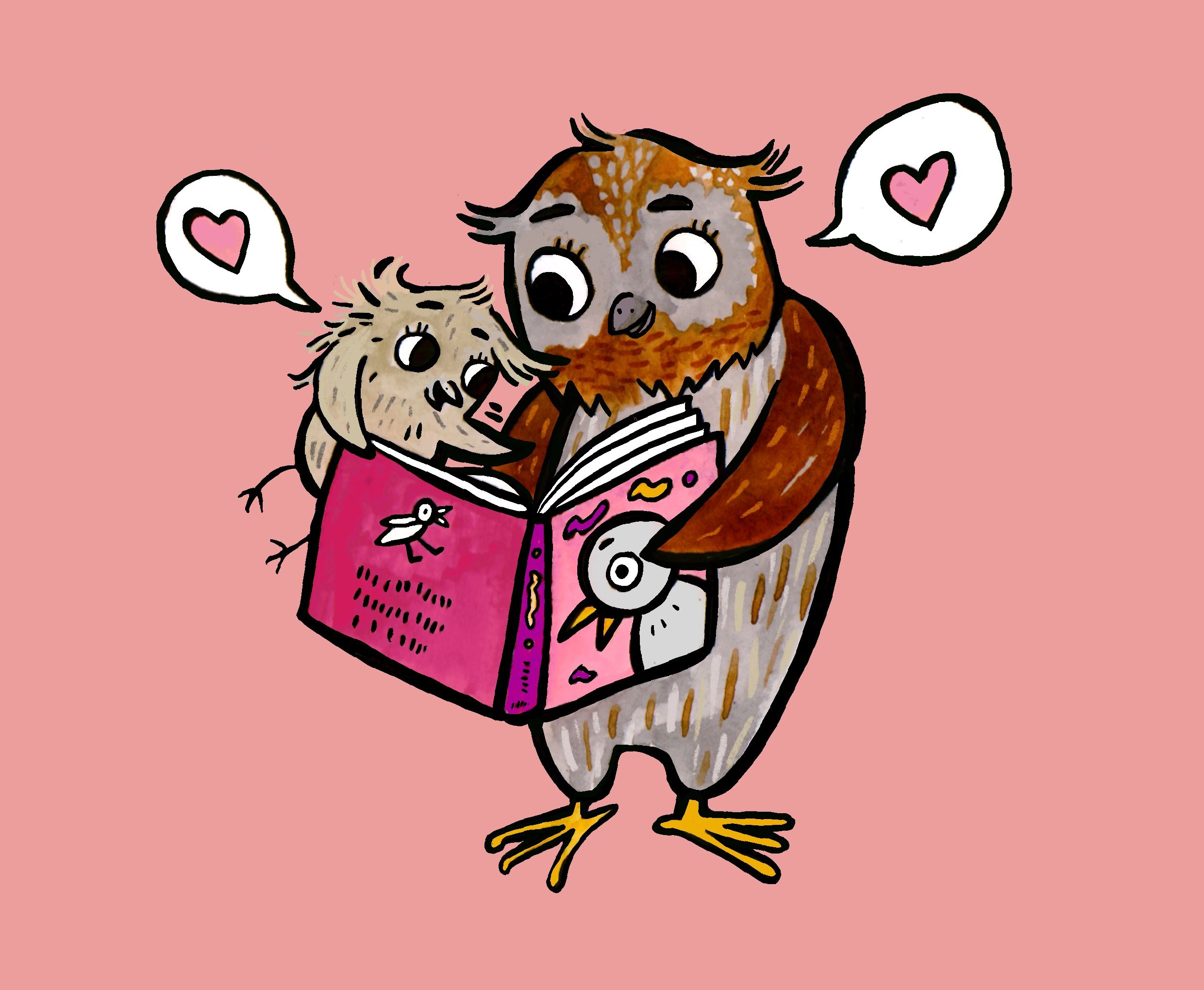 Illustration. Liten och stor uggla tittar i en bok.