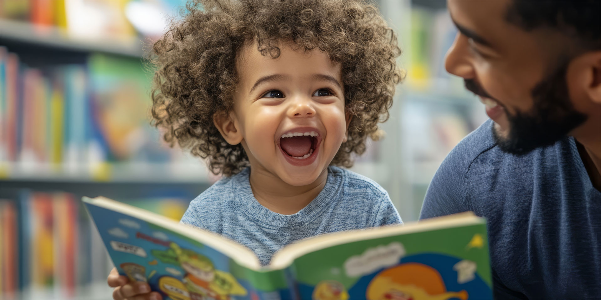 Skrattande förälder och barn läser tillsammans