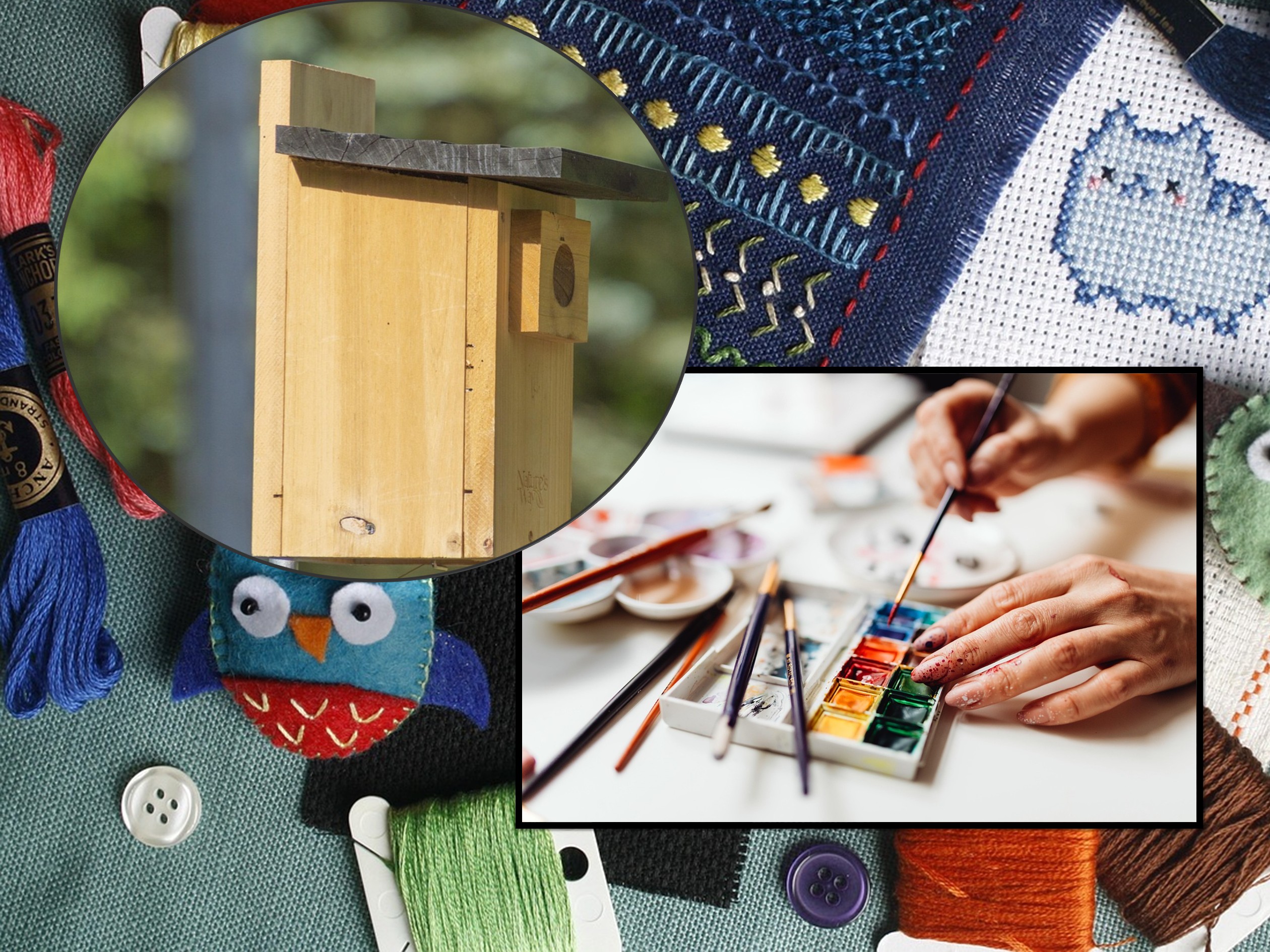 Kollage men fågelholk, målarfärg och handarbete.