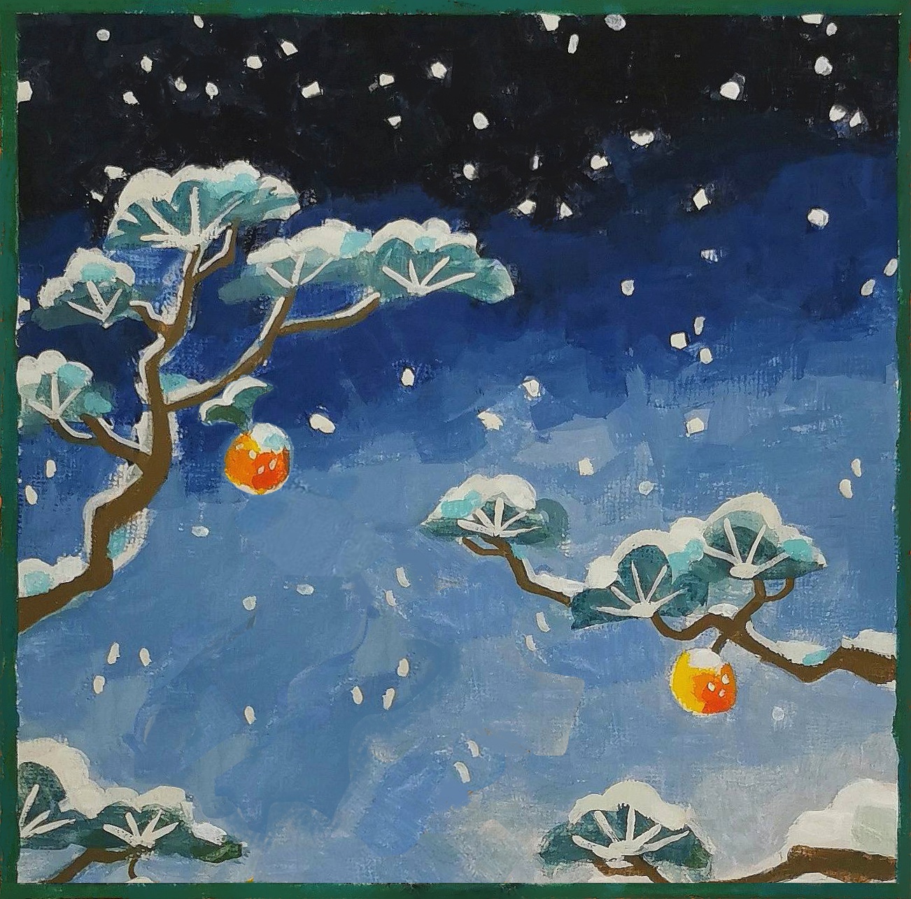 Målning, träd med snö