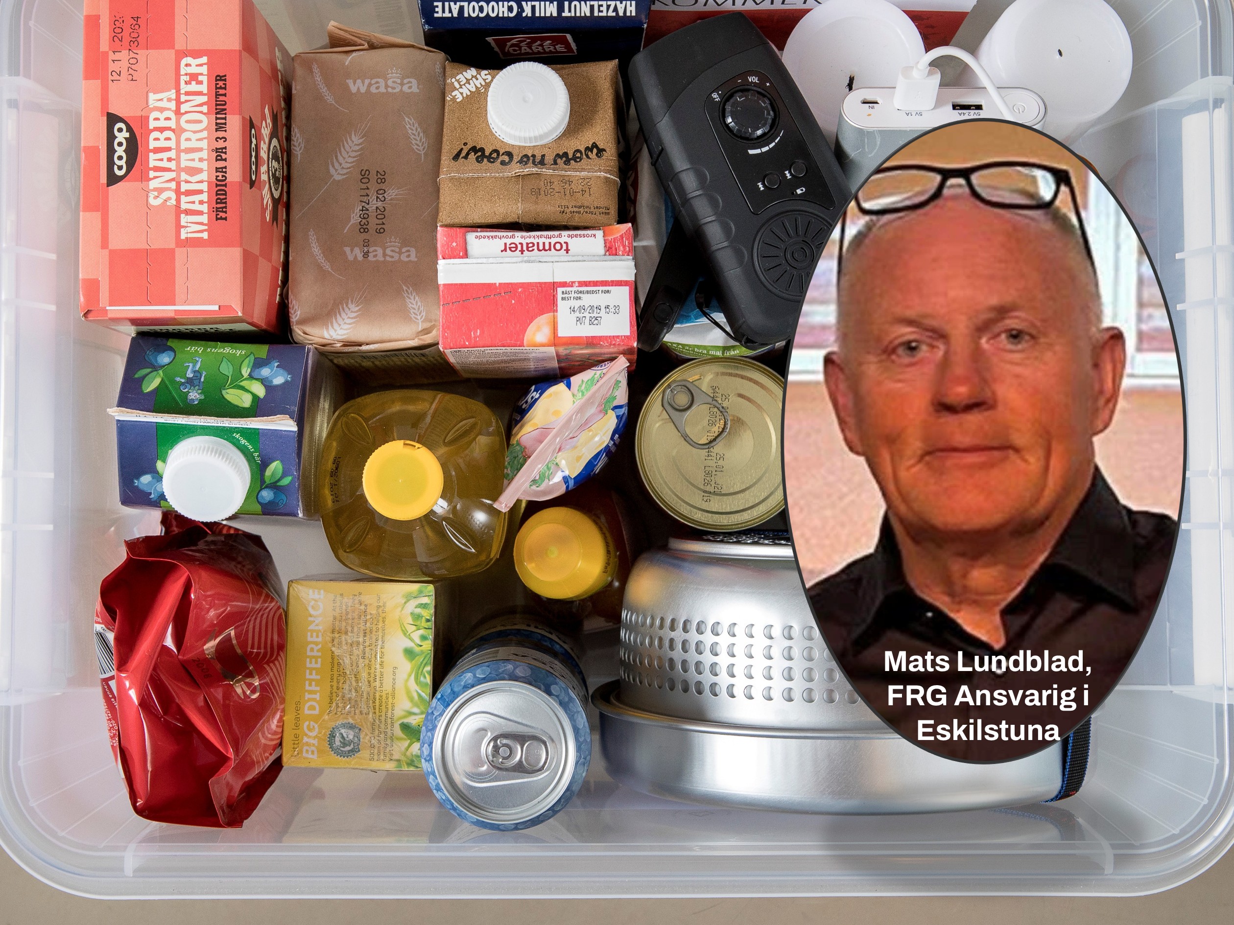 En låda med artiklar som kan behövs i en krislåda.