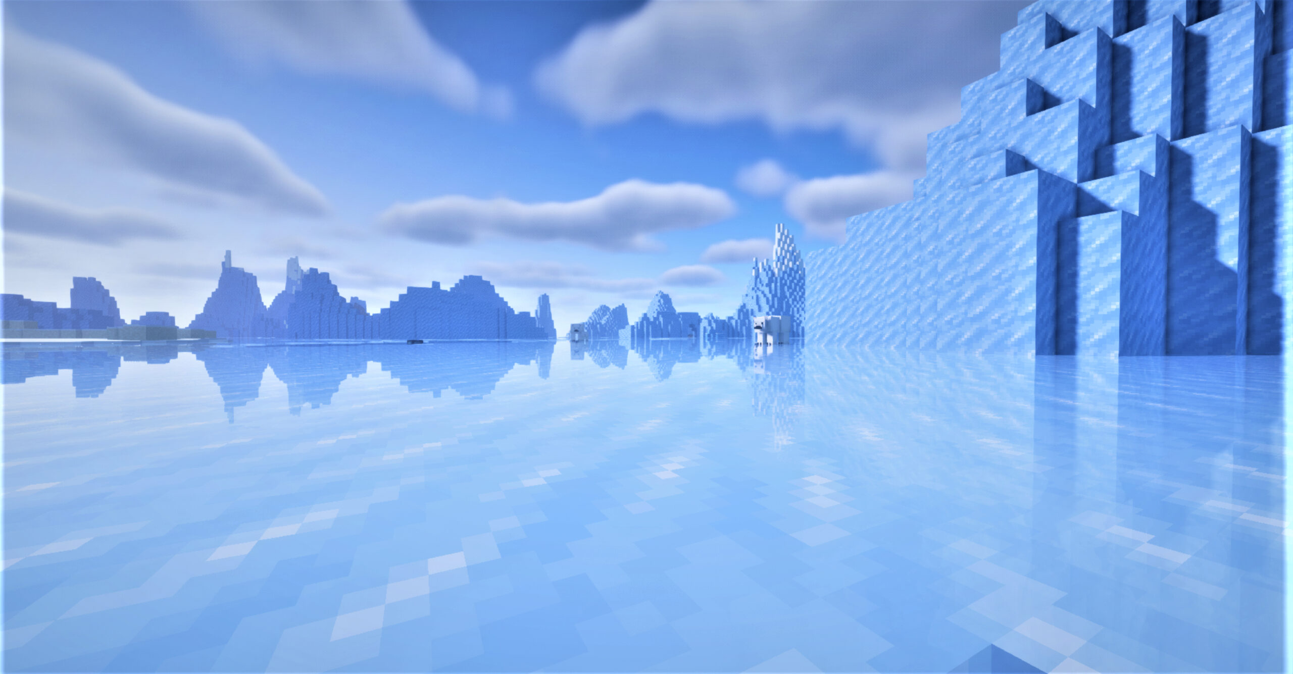 Bild från Minecraft, vinterlandskap me disbjörn.