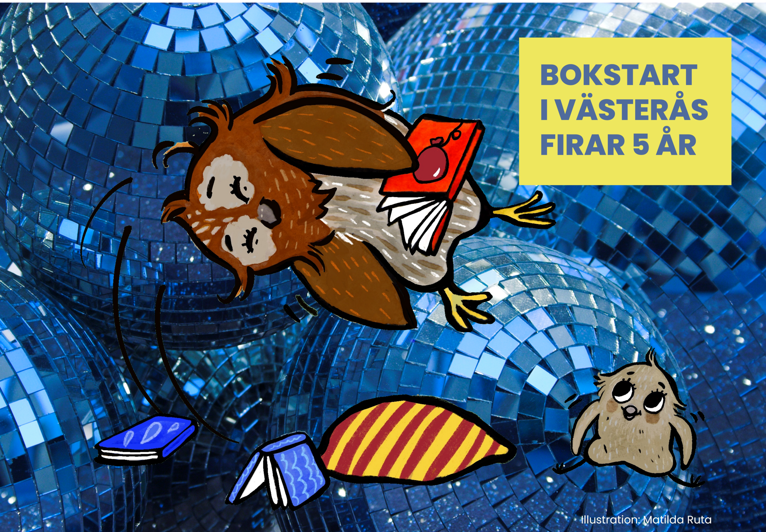 Teckande ugglor hoppar framför backgrund med discokulor.