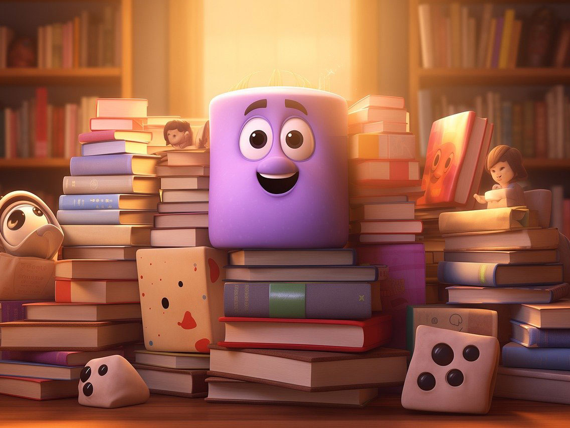 Fantasifigurer bland högar med böcker.