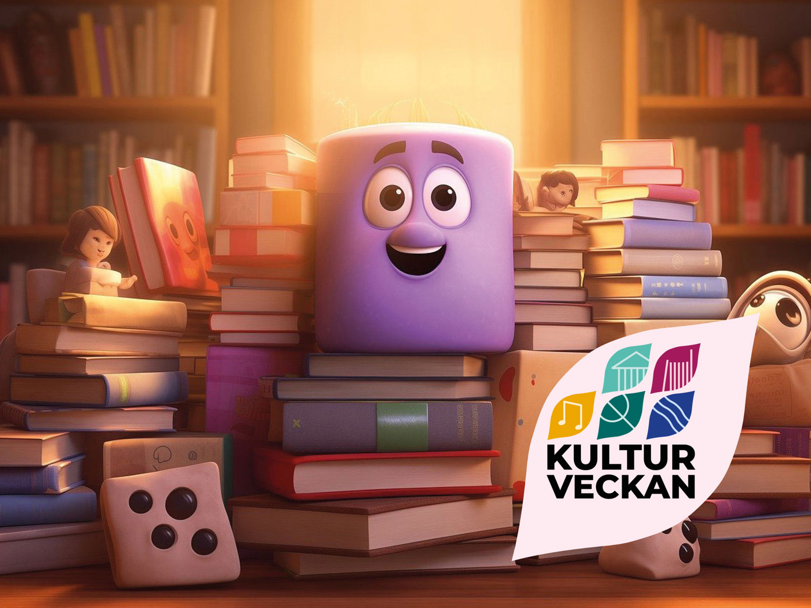 Fantasifigurer bland bokhögar. Logga för kulturveckan.