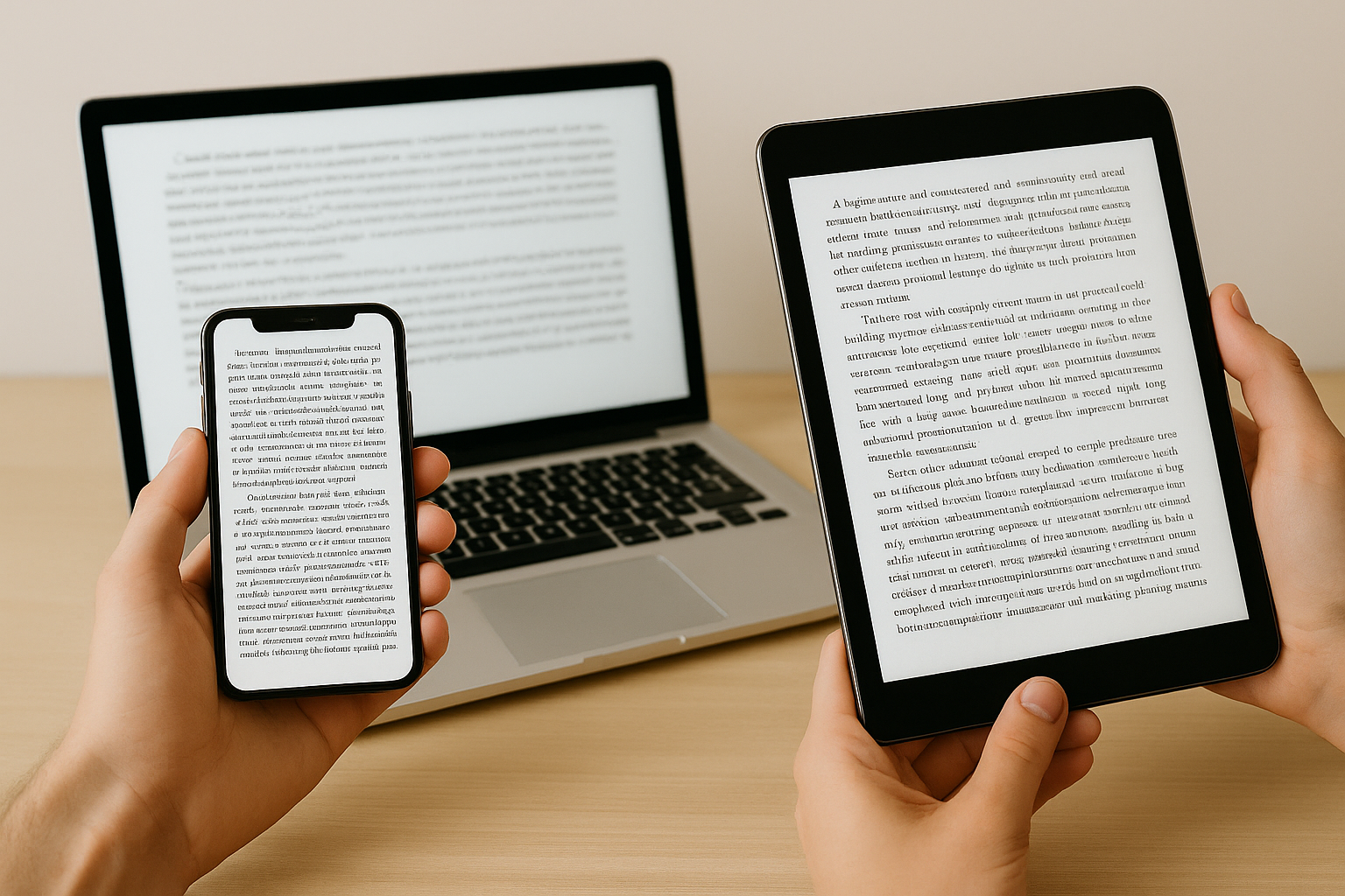 En bild på en dator, telefon och läsplatta.