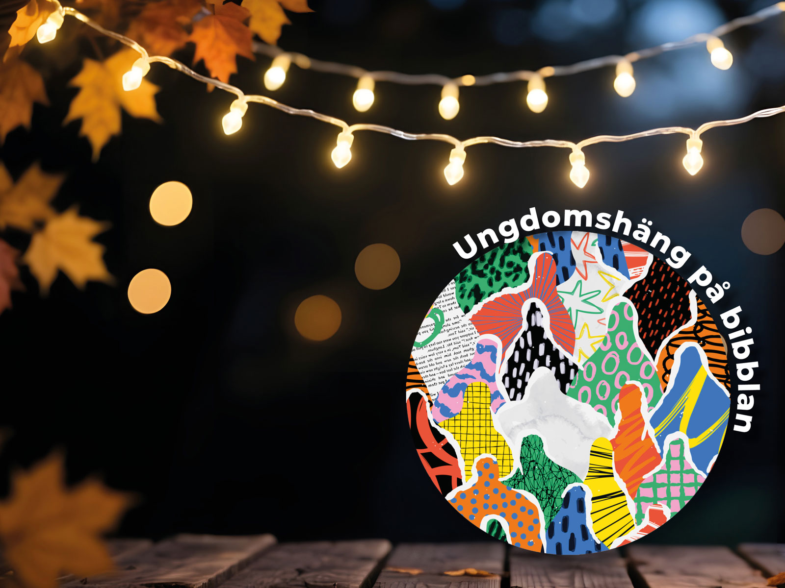 Höstlöv och ljusslinga.