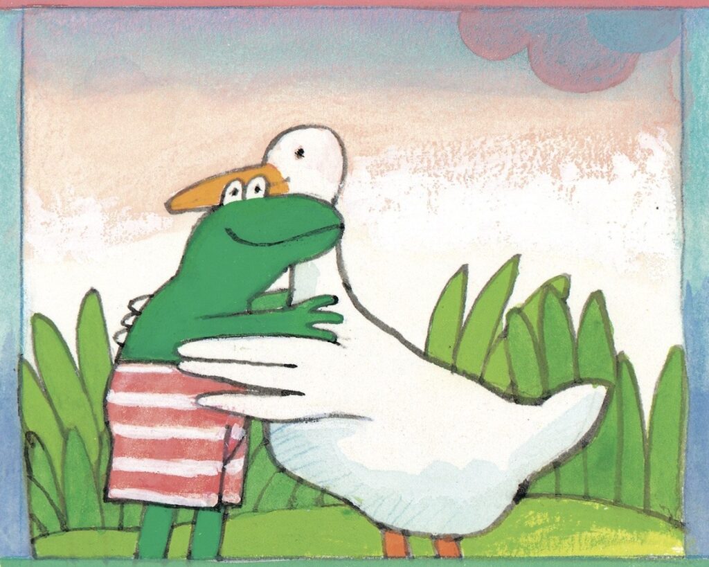 Illustration. Groda i randiga badbyxor kramar en gås.