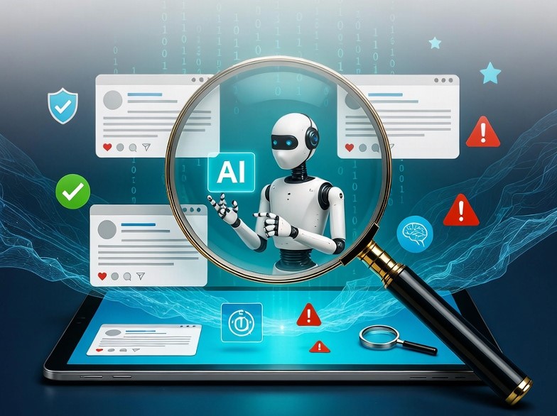 Bild av en robot sedd genom ett förstoringsglas framför en datorskärm. Bilden AI-genererad genom "Gemini".