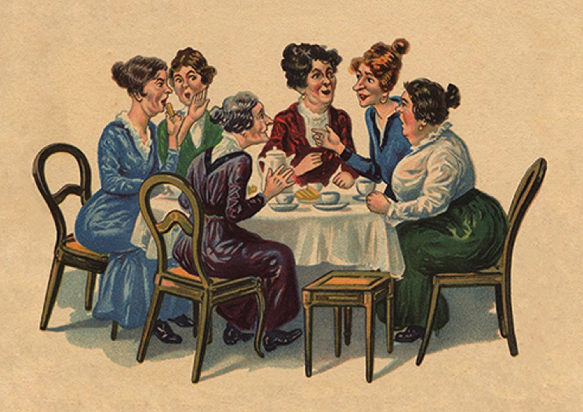 Gammeldags bild på kvinnor som fikar