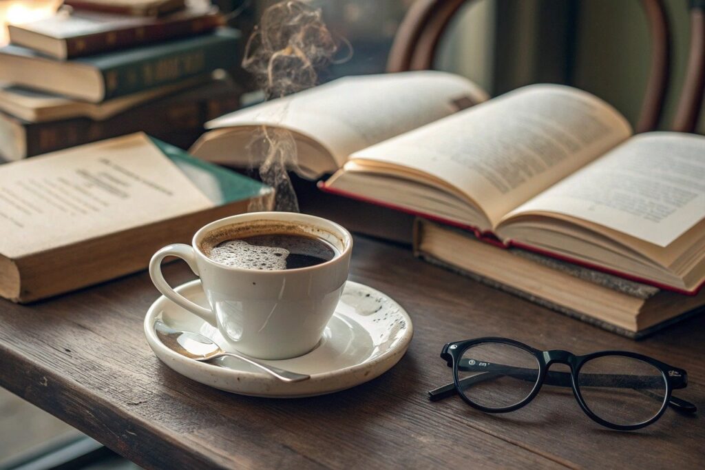 En kopp kaffe och ett par glasögon på ett bord. Runt omkring dem, böcker.