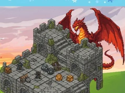 Bild från spelet Drakar och demoner. En drake står bakom ett slott.