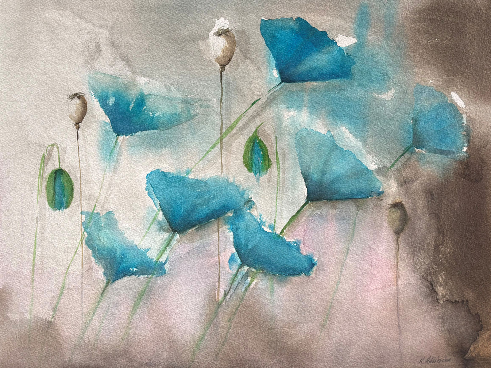 Blå blommor i akvarell.