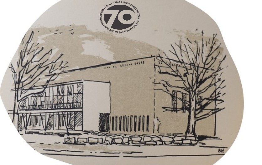 Pennteckning av bibliotekets tegelhus