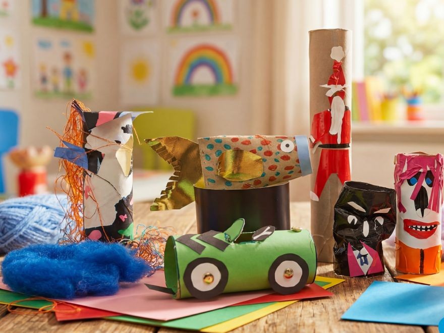 Olika färgglada figurer gjora av toalettpappersrullar.