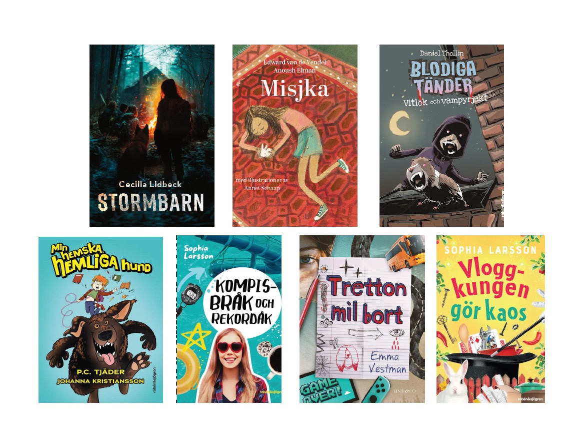 Sju bokomslag i ett kollage
