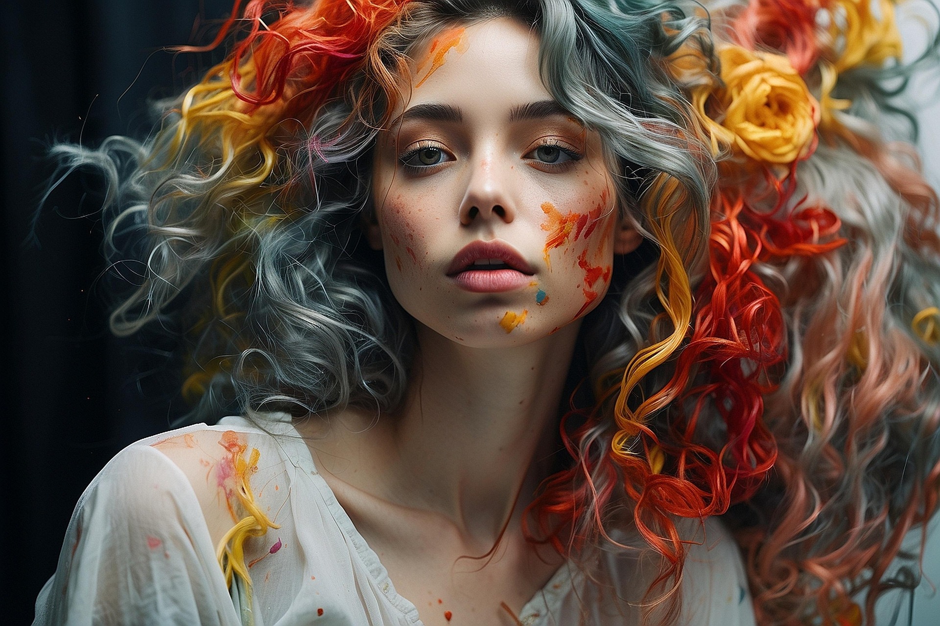 Porträtt av en ung kvinna med långt, flerfärgat lockigt hår i rött, orange, gult och grått, dekorerat med blommor. Ansiktet och den vita blusen har färgstänk i orange, rött och gult.