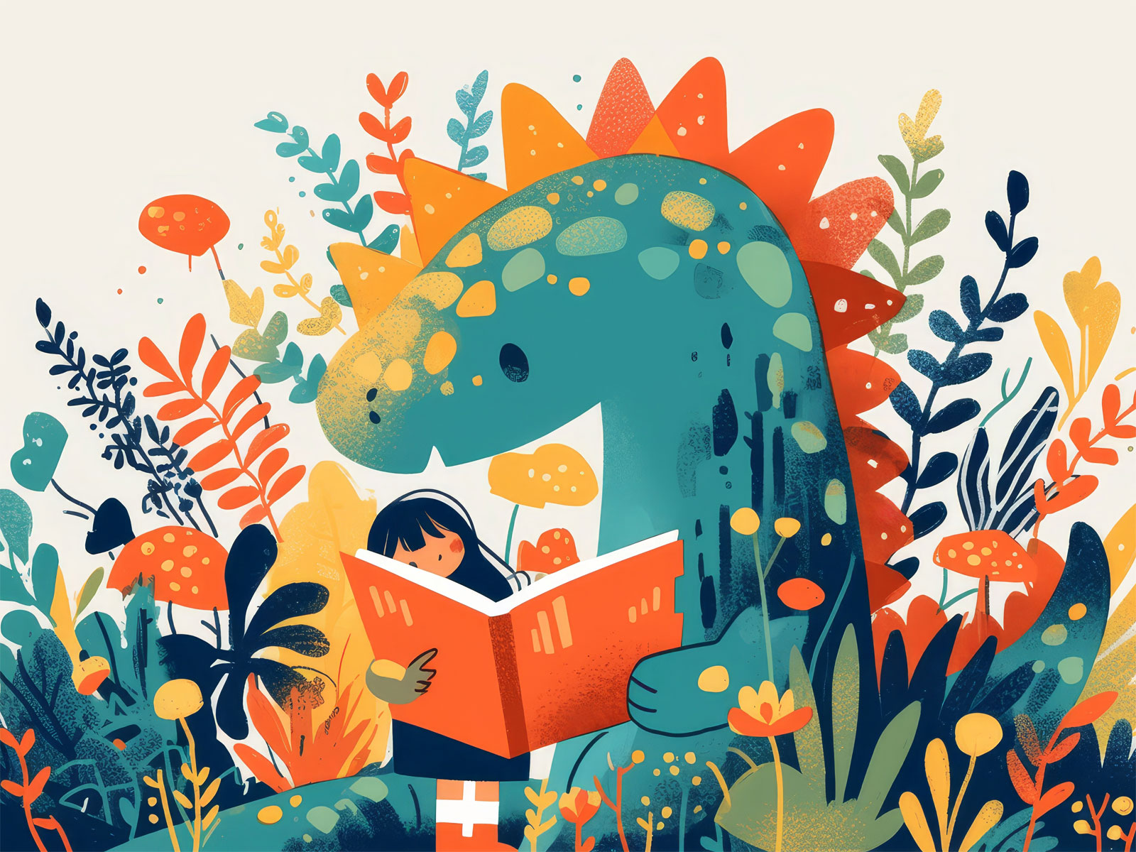 Färgglad Illustration där en dinosaurie läser för ett barn.