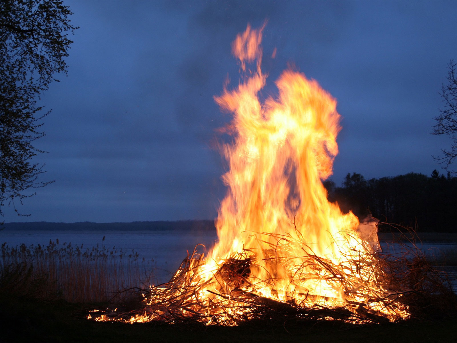 En majbrasa i skymningen.