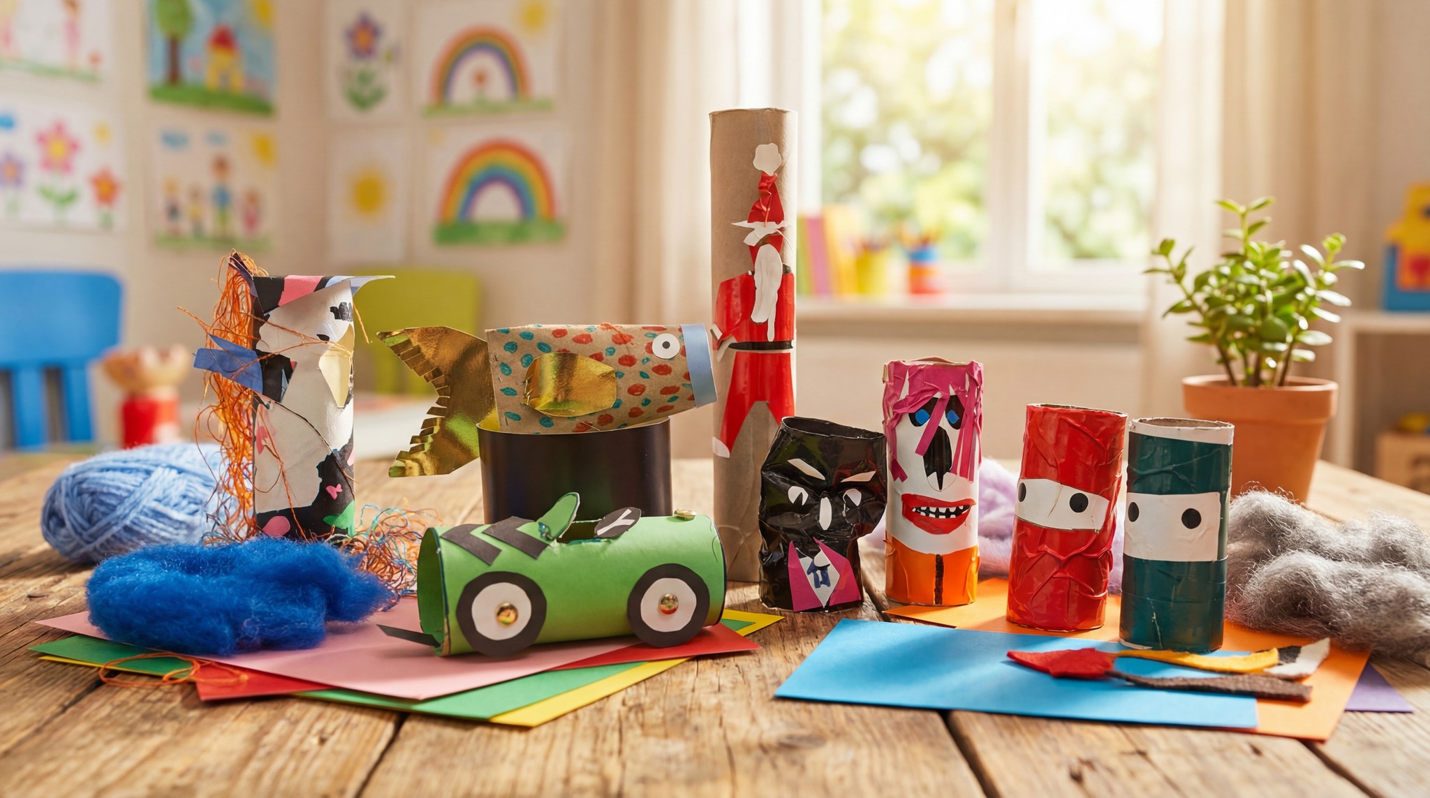 Pyssel med toalettpappersrullar som ligger på ett bord.