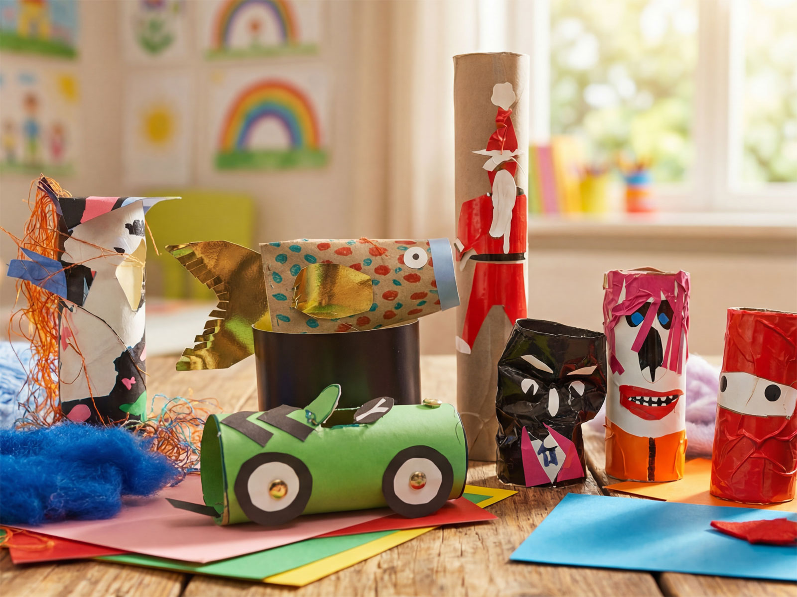Färgglada figurer skapade av toapappersrullar.
