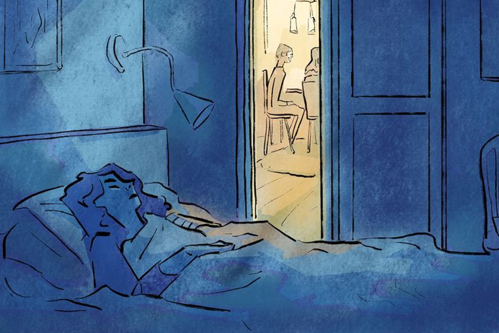En tecknad bild på en ME-sjuk som sover i en säng. Utanför sitter människor och samtalar runt ett bord.