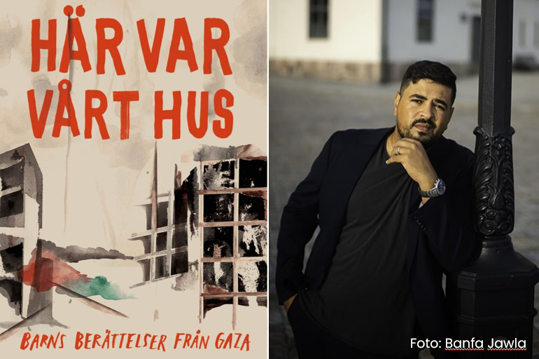 Till vänster syns omslaget till boken Här var vårt hus. Till höger är en bild på Amer Sarsour.