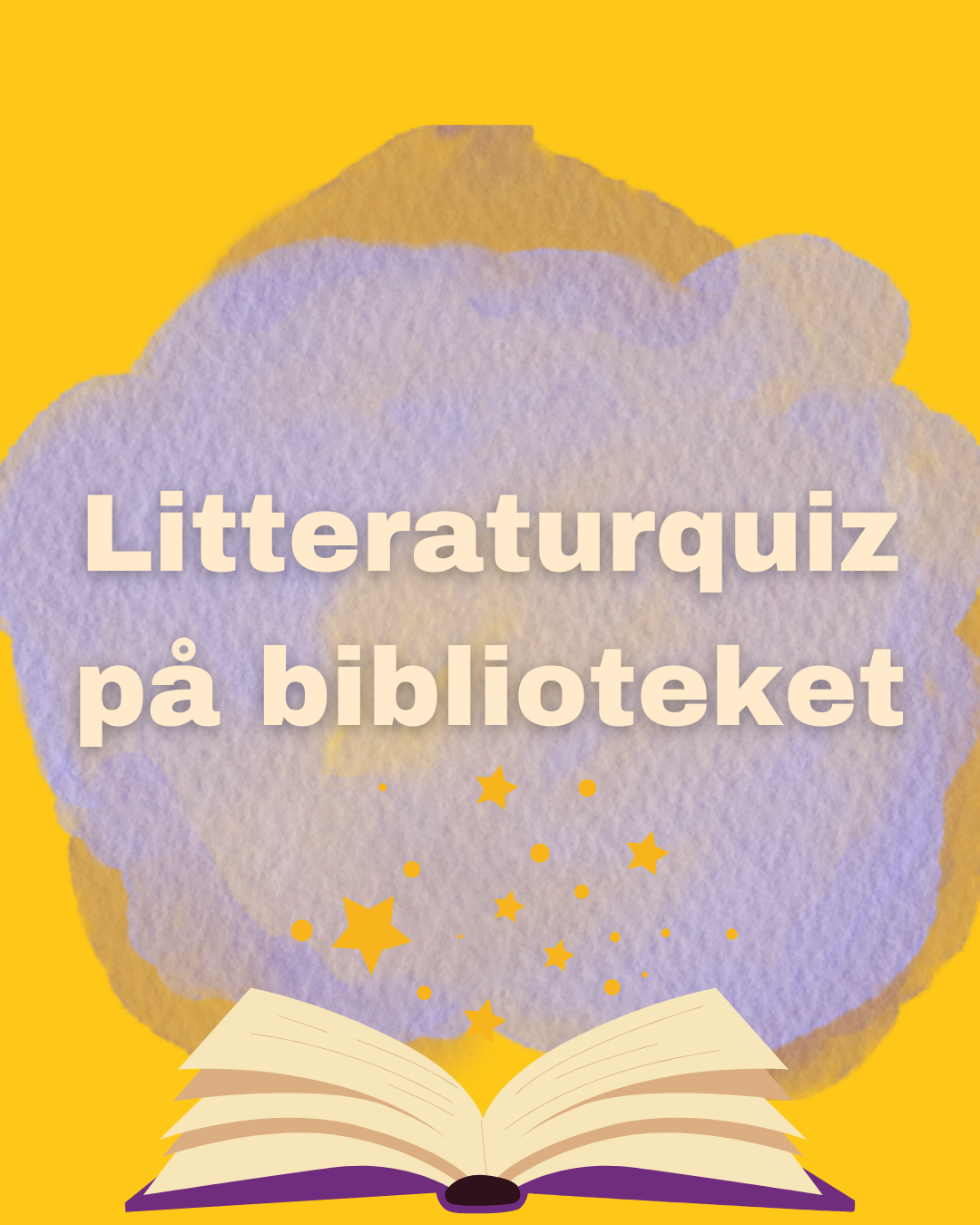 På lila och gul bakgrund står det Litteraturquiz på biblioteket. Under ligger en animerad bok öppen och stjärnor kommer ut från boken.