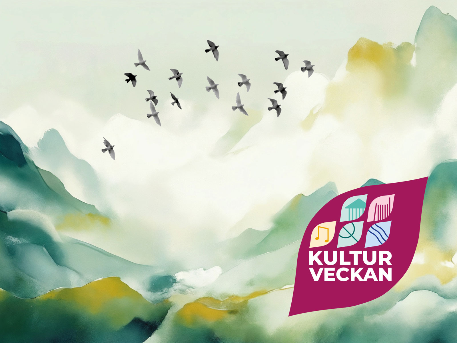 Målat landskap där fåglar flyger bland gröna berg. Logga för Kulturveckan.