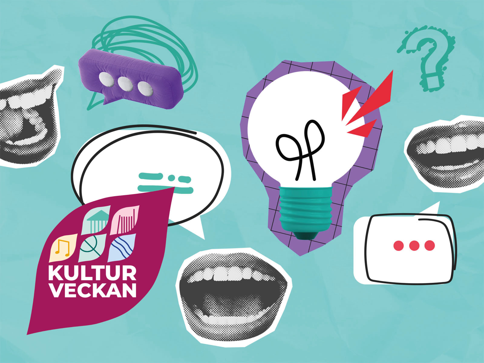 Abstrakt collage med munnar, pratbubblor, glödlampa och frågetecken. Kulturveckan-logga.