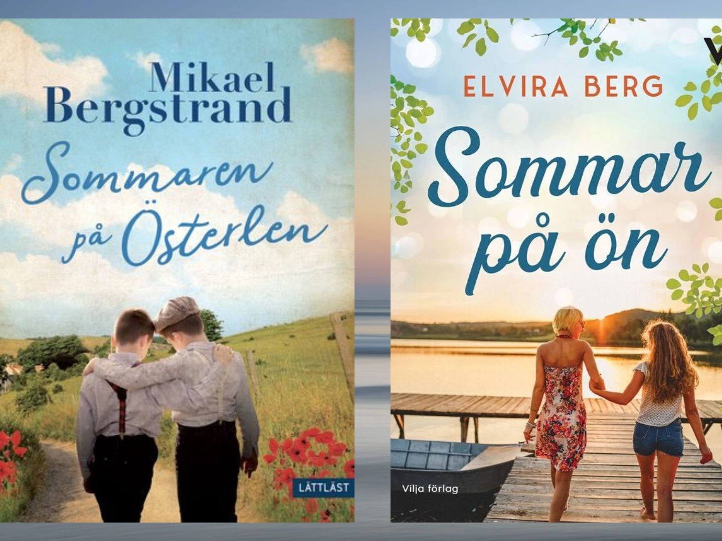 Två somriga bokomslag med människor, grönska och vatten.