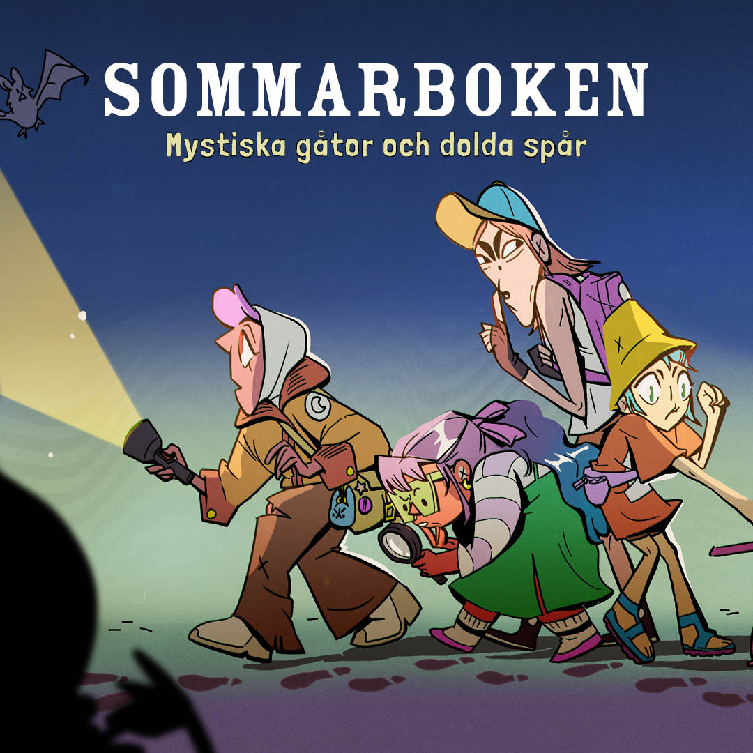 Tecknad bild på fyra barn som undersöker mystiska spår