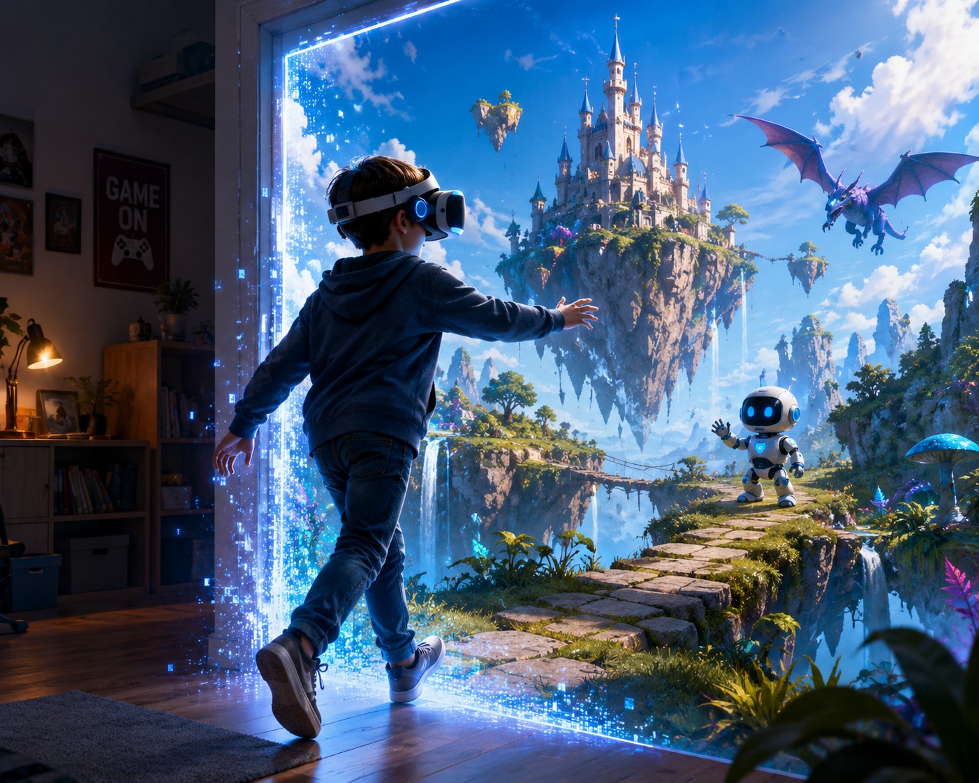 En pojke med VR-glasögon kliver genom en lysande dörröppning. Han lämnar ett mörkt rum och går in i en magisk fantasyvärld med ett flygande slott, en liten robot och en lila drake på himlen.