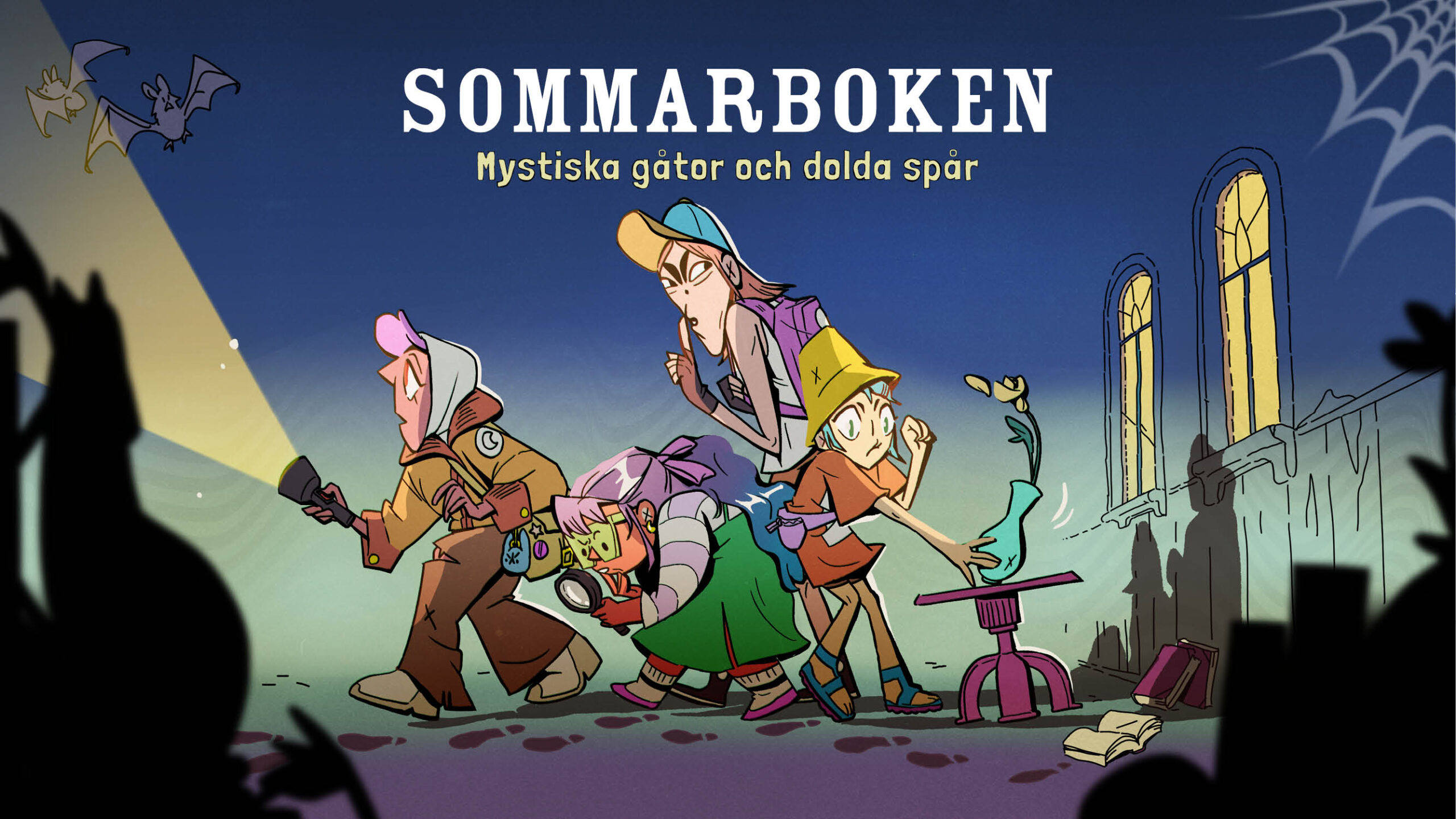 Tecknade figurer som smyger fram och följer fotspår med ficklampa och förstoringsglas.