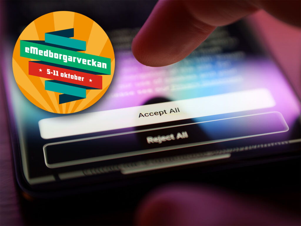 Acceptera eller Acceptera inte-knappar på en mobilskärm. Märke för e-medborgarveckan 2026.