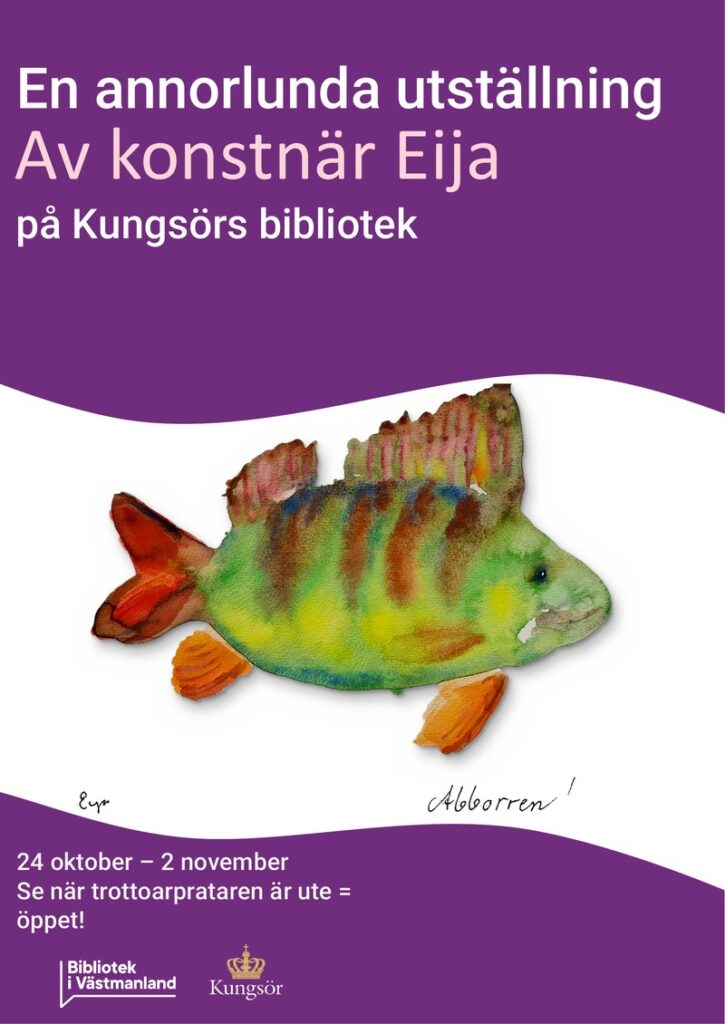 Akvarellmålad abborre i grönt, gult och orange, av konstnär Eija.