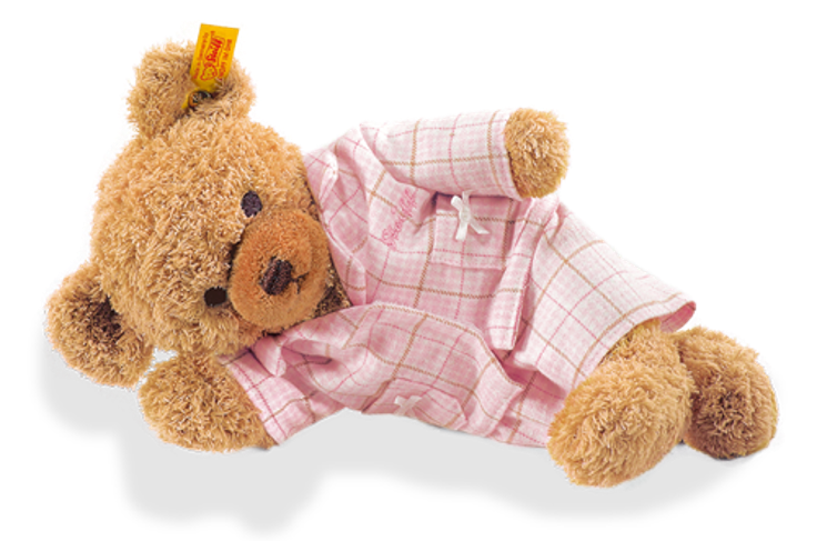 En nalle med rosa pyjamas.