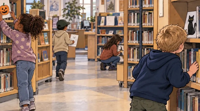 Barn letar bilder i ett bibliotek.